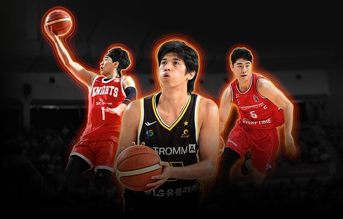 어두운 농구장 코트 배경 위에 SK 이민서, LG 타마요, 정관장 박지훈 농구 선수가 경기하는 모습이 있다.